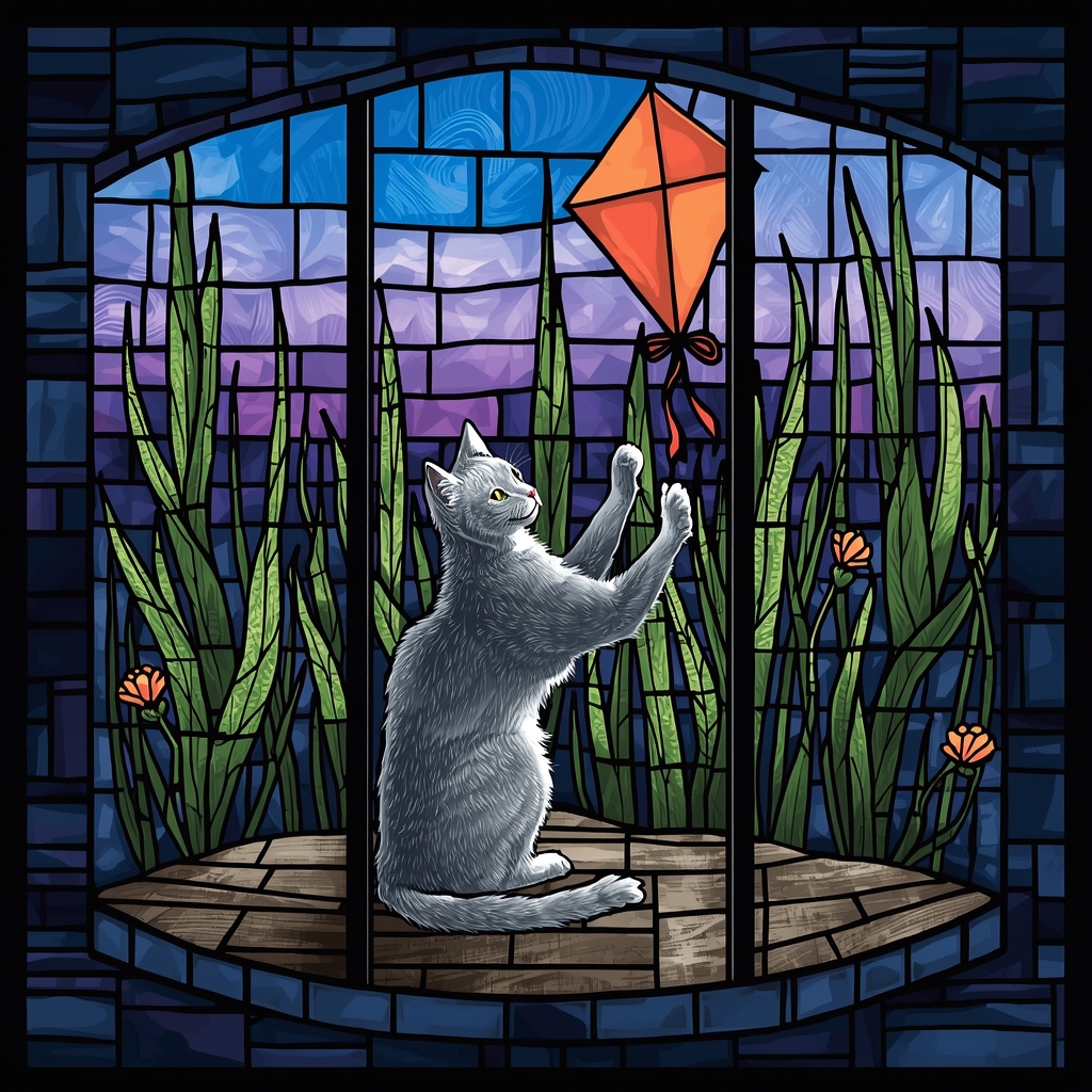A silver domestic cat is sketching a kite inside a lighthouse touched by Pennsylvania wetland strangeness.