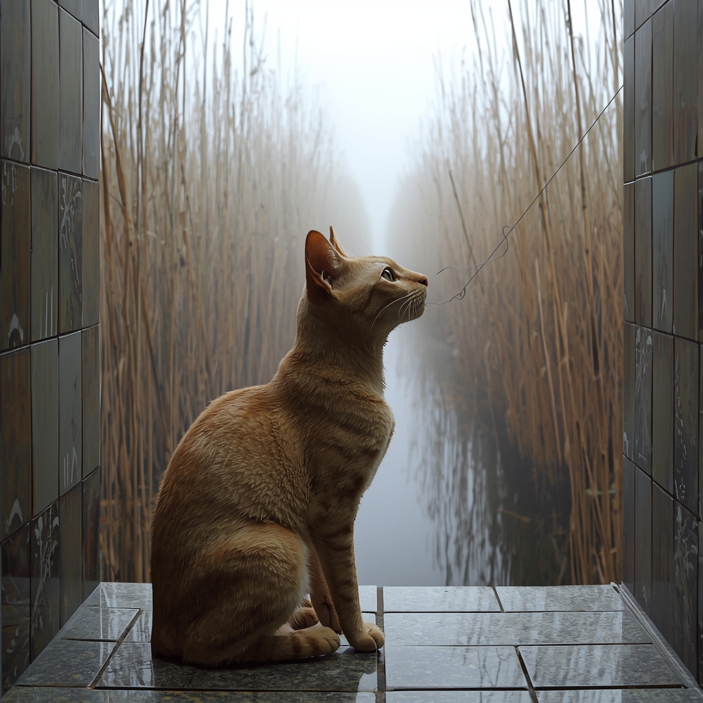 A marmalade domestic cat is whispering a thread inside a station touched by Pennsylvania wetland strangeness.