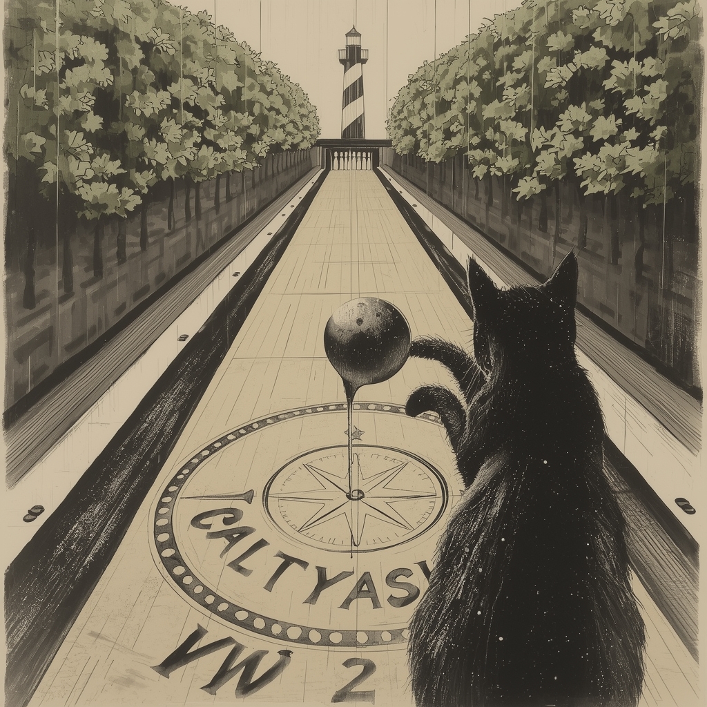 A vaudevillian cat silver-pawed and dripping drizzles map ink across a wet, mangrove-lined bowling alley, its frantic waterings circling a lighthouse like a marine compass rose. The cat faces the birds-eye light at the end of the lane.