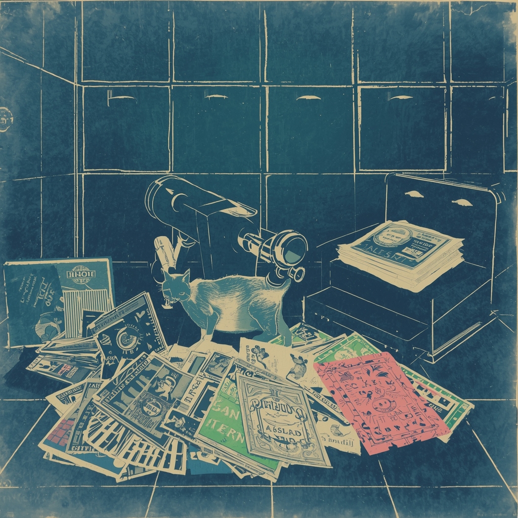 A swirling cyanotype photogram captures a marmalade cat pushing through a pile of specimen cards near an old telescope, near a busted glass-domed lid hazily revealing a bakery delicacy beneath, somewhere in a musty library nook before the faded morning light fades and lasts a terrible eternity.